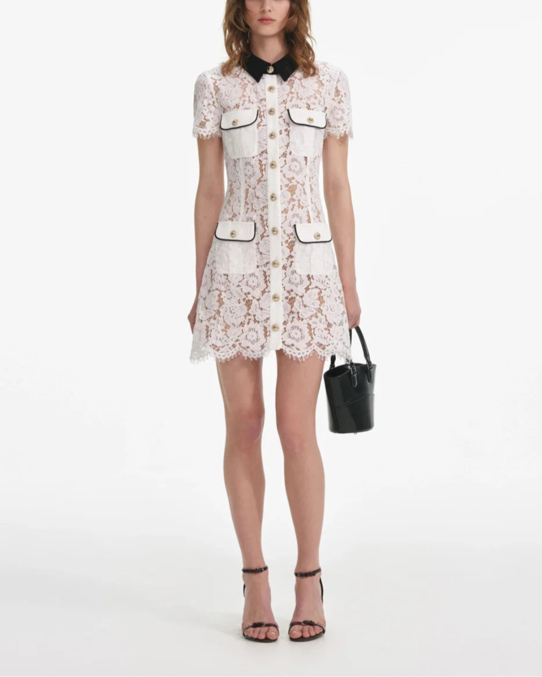 self portrait White Lace Contrast Collar Mini Dress front