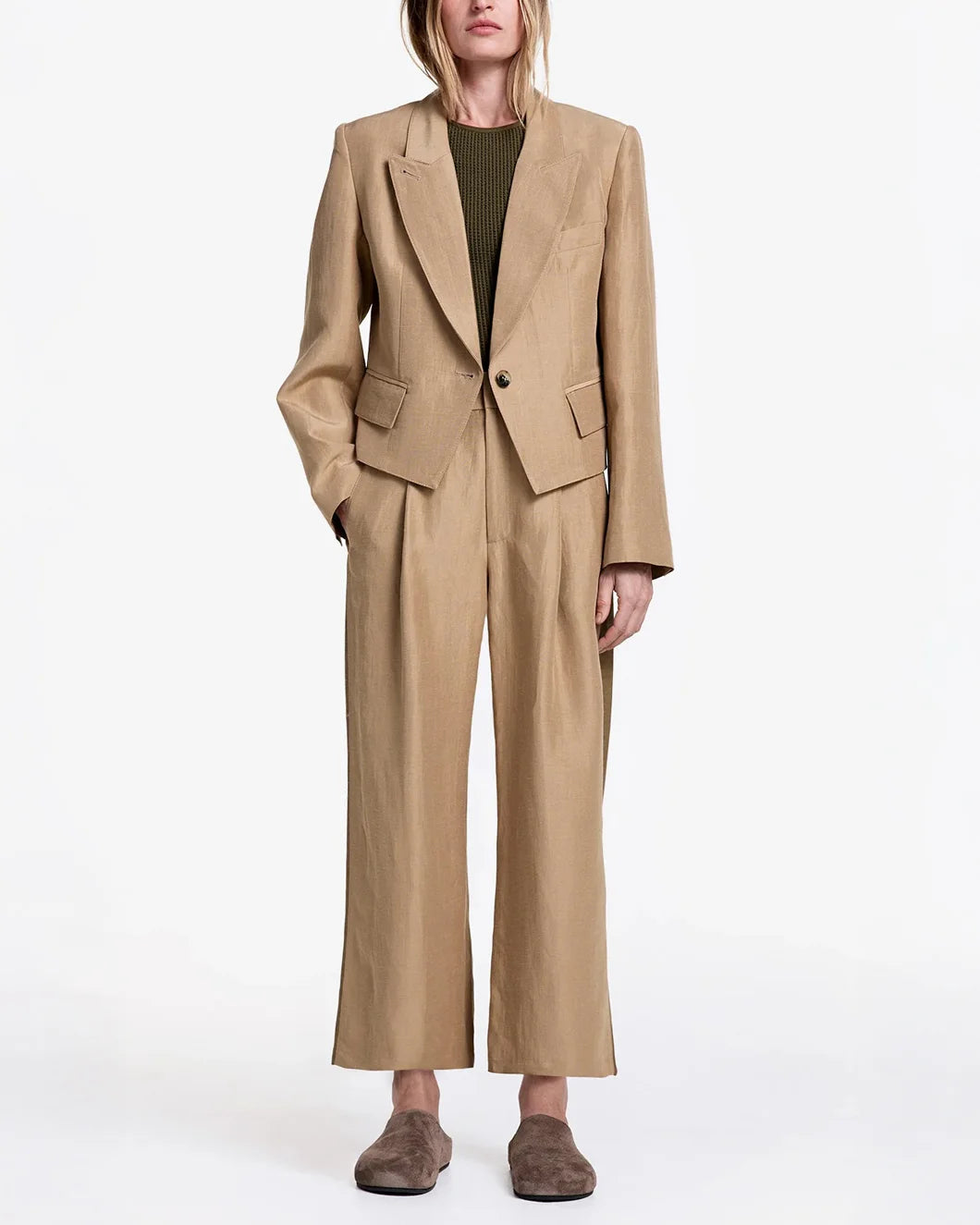 smythe Tux Stripe Crop Pleated Trouser khaki front