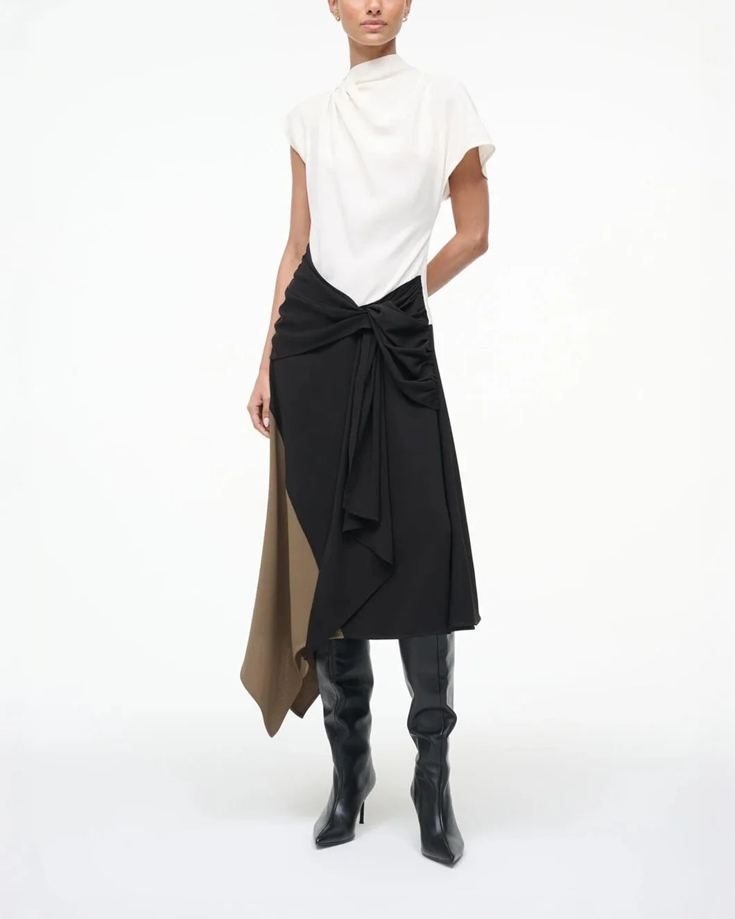 staud white black and brown asymmetrical davina midi dress on figure front view