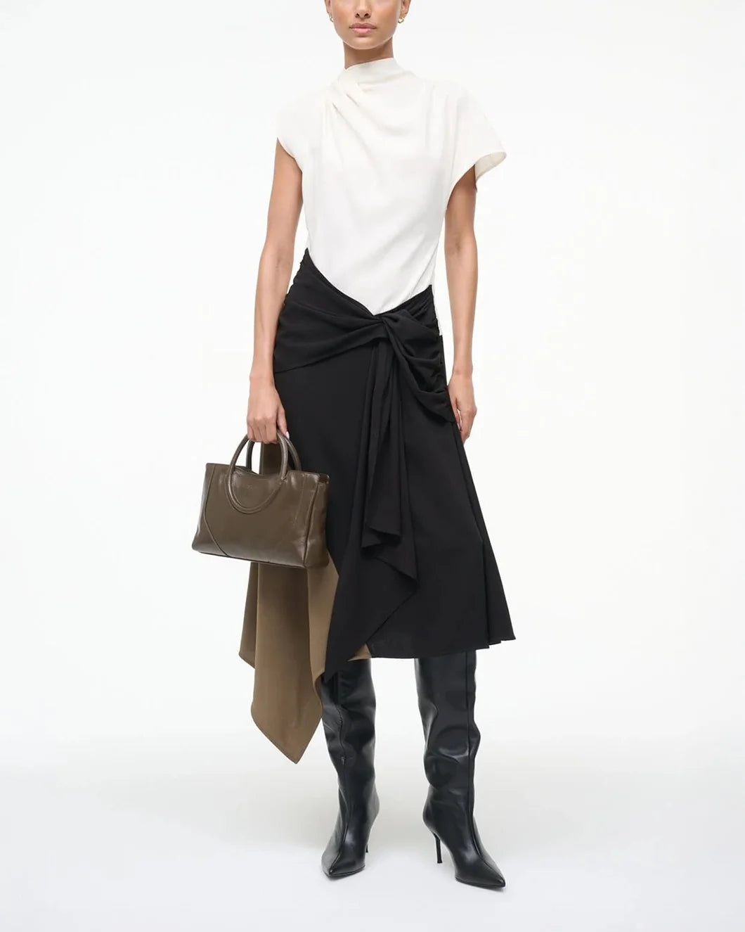 staud white black and brown asymmetrical davina midi dress on figure front styled