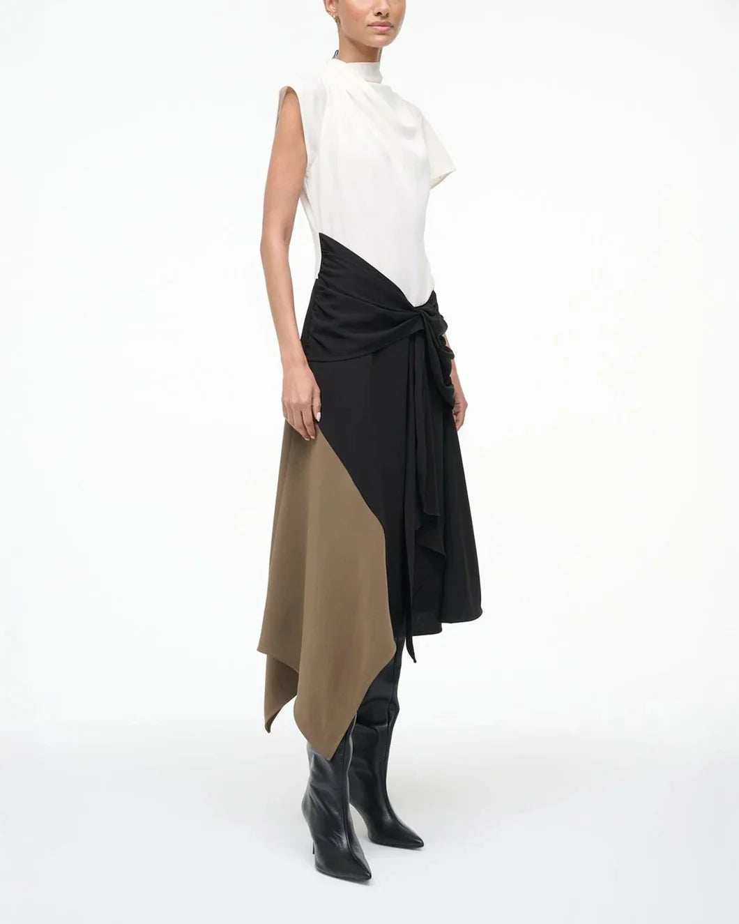 staud white black and brown asymmetrical davina midi dress on figure side