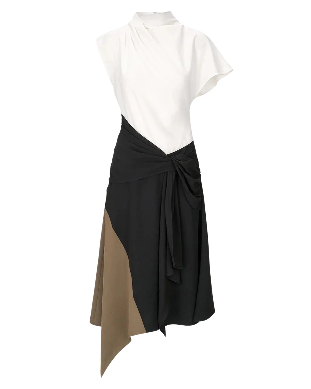staud white black and brown asymmetrical davina midi dress
