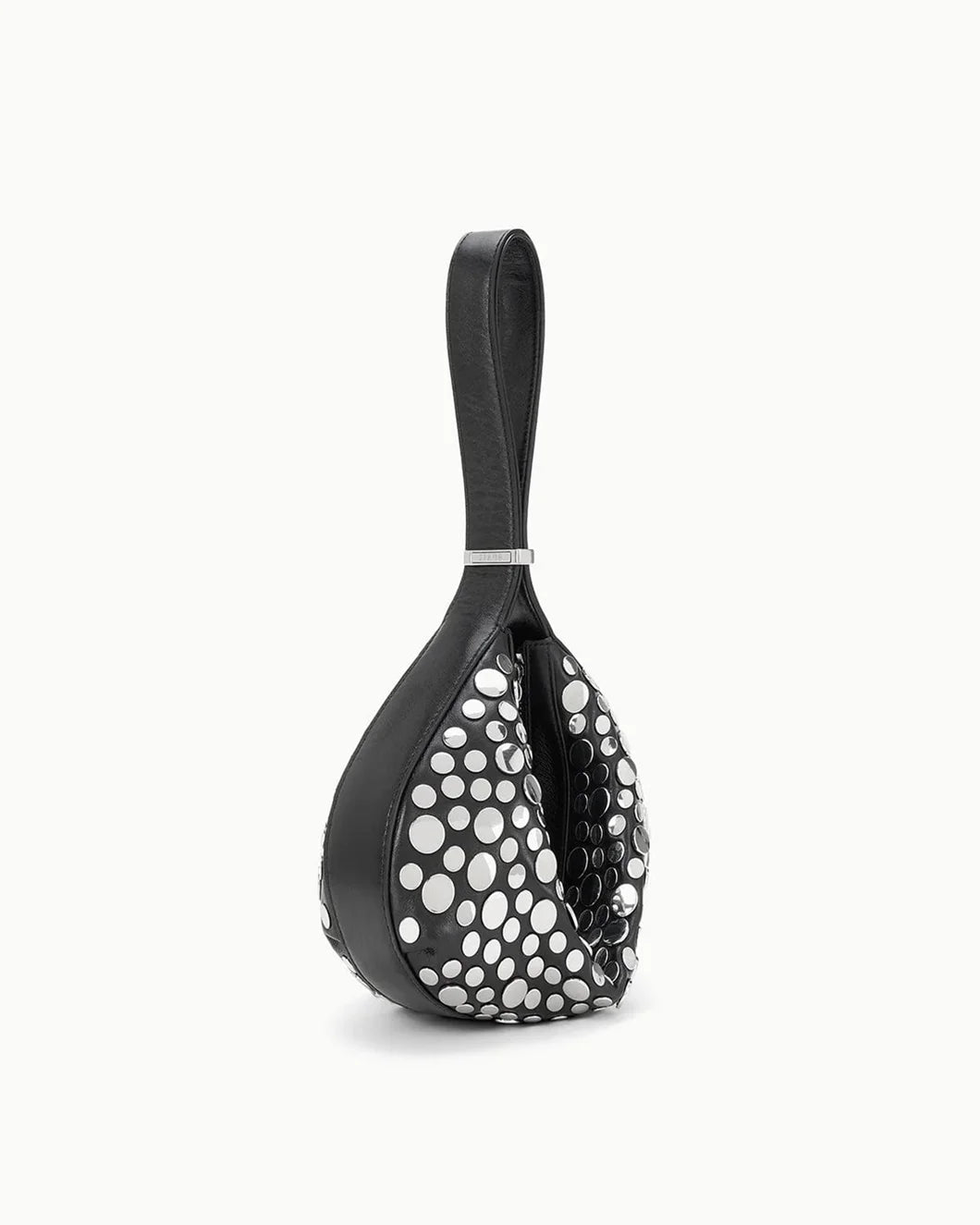 staud demy shoulder bag in black with silver rivets side view