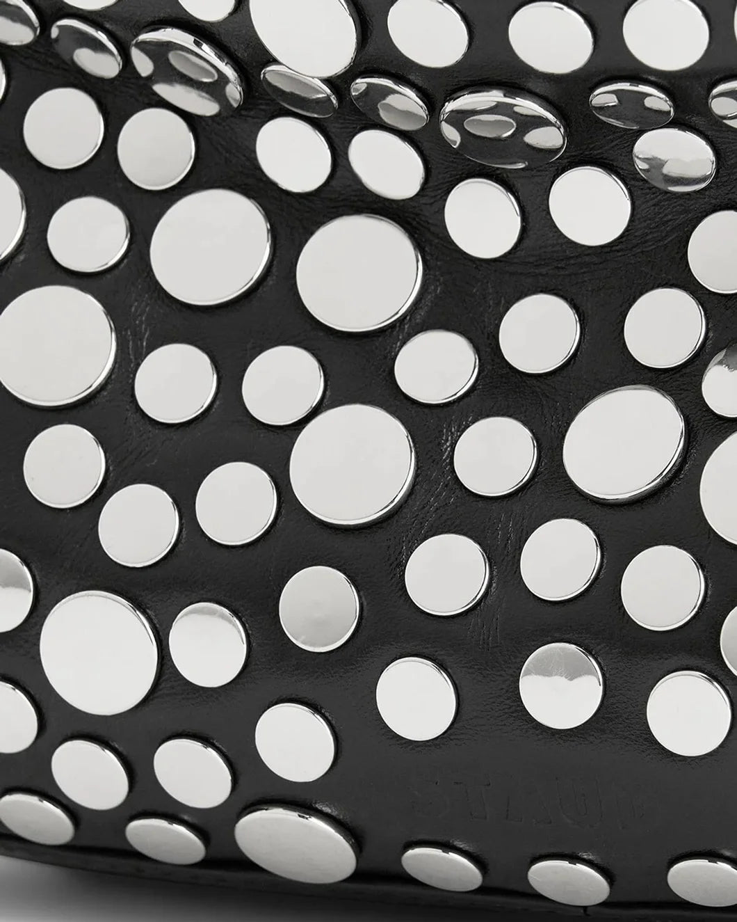 staud demy shoulder bag in black with silver rivets detail view