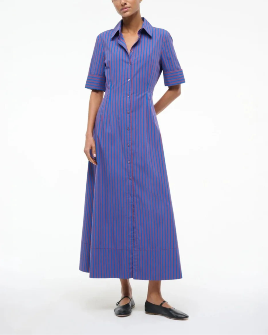 staud joan dress atlas stripe blue front
