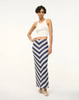 staud st tropez skirt on the horizon onth blue and white on model front