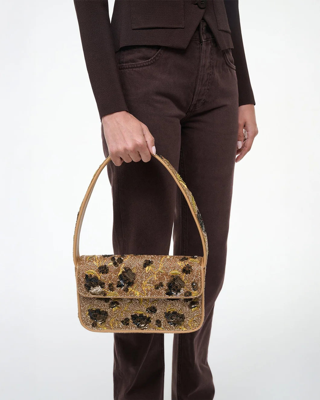 tommy gold vintage floral beaded handbag by staud on model detail