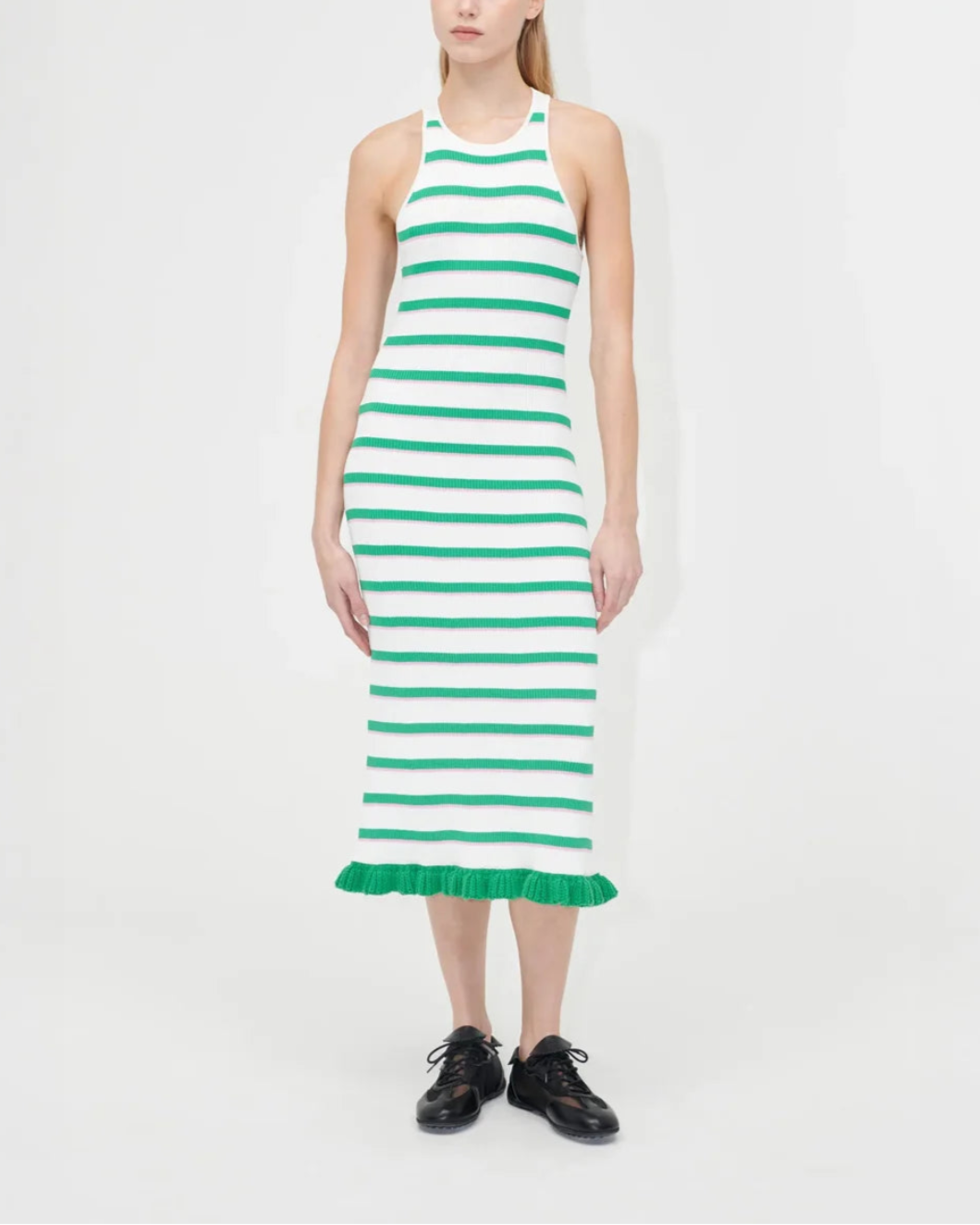 stine goya Ruffle Tank Dress green and pink stripes front