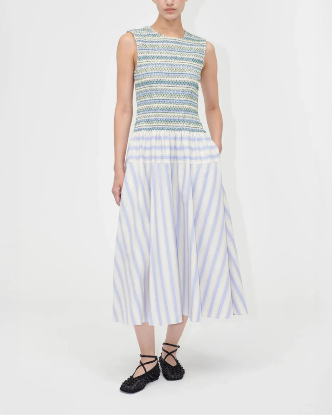 stine goya Smocked Gathered Tank Dress pastel stripes front