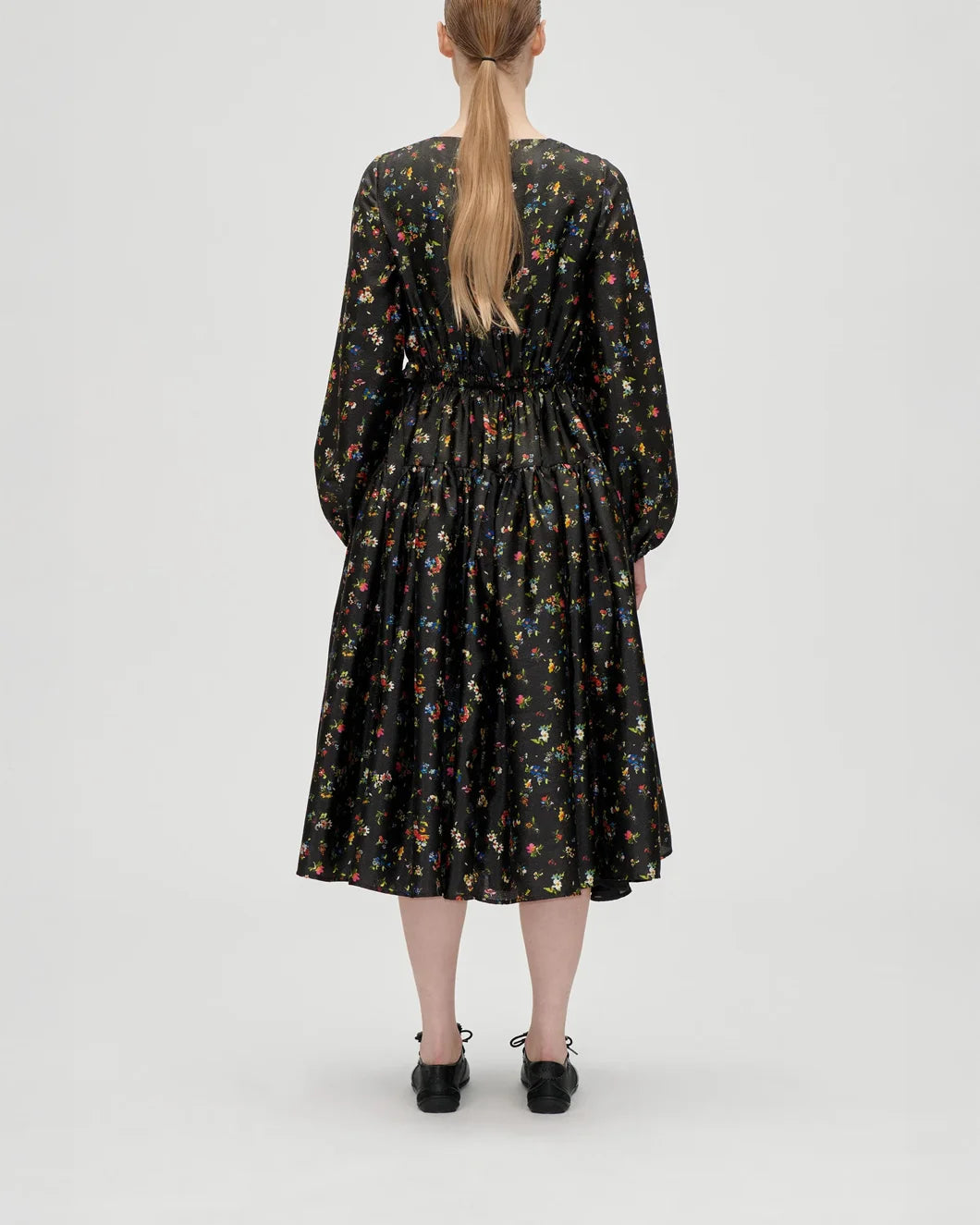 stine goya Waist Tie Ruffle Midi Dress magnolia garden black floral back view on figure