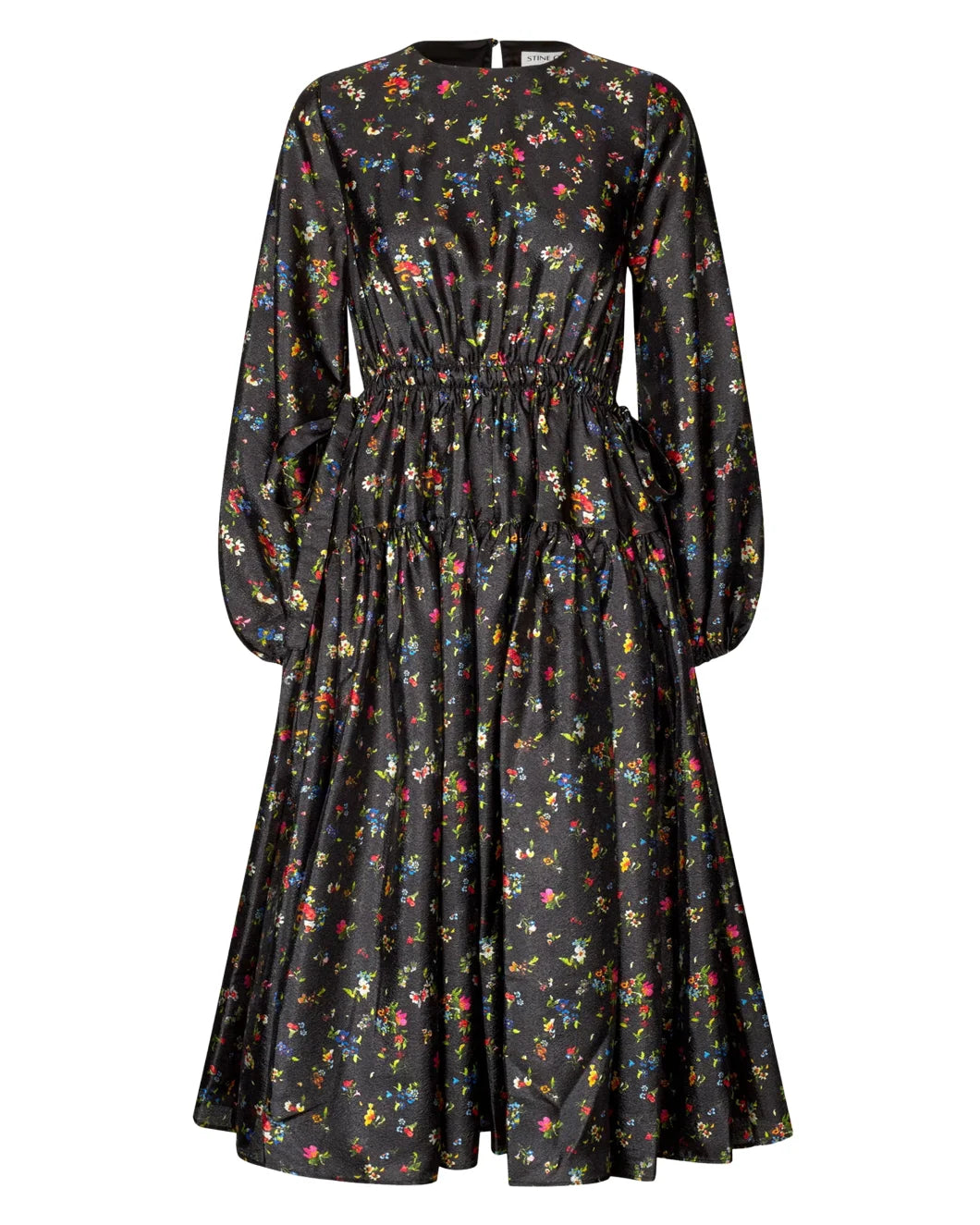 stine goya Waist Tie Ruffle Midi Dress magnolia garden black floral front view