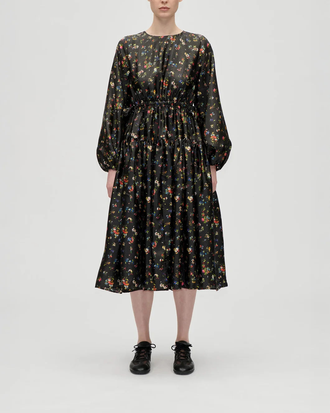 stine goya Waist Tie Ruffle Midi Dress magnolia garden black floral front view on figure