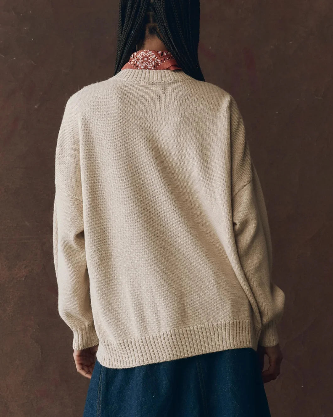 natural tone horse print pullover sweater from the great shown on model from the back view
