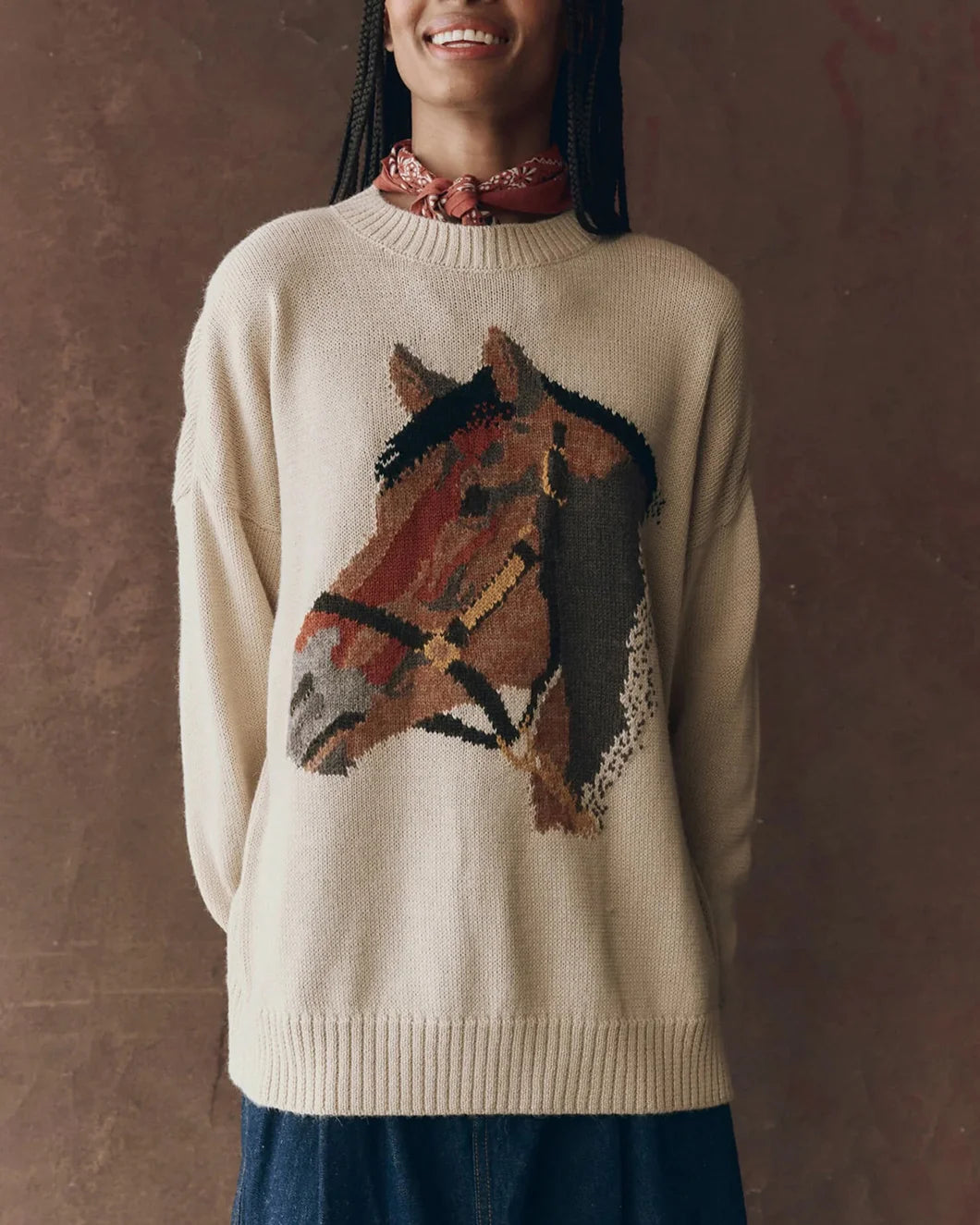 natural tone horse print pullover sweater from the great shown on model from the front view