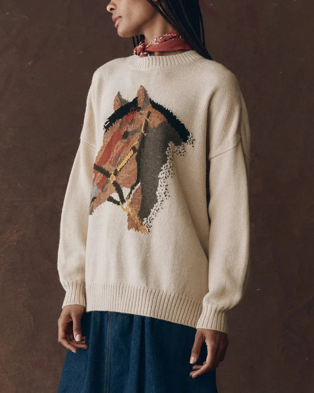 natural tone horse print pullover sweater from the great shown on model from the side view