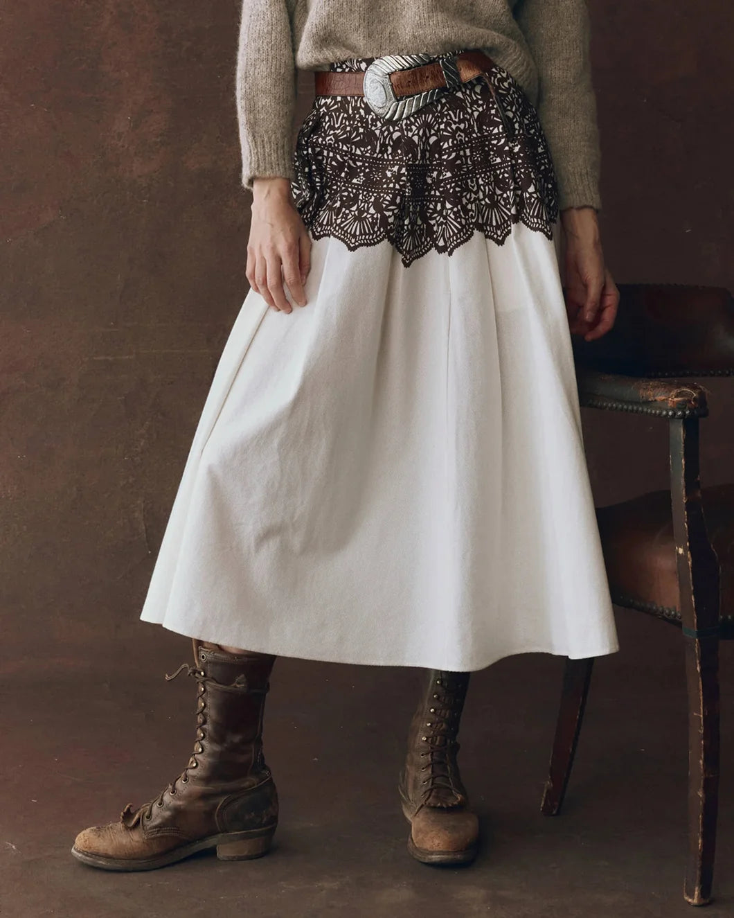 model wearing the Regency Skirt in cream with brown western lace print from the great shown from the front