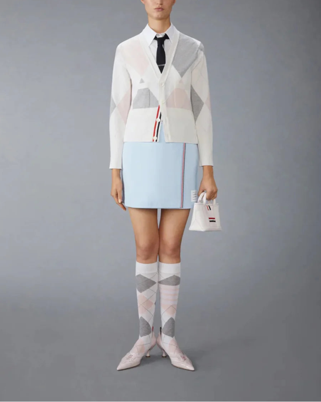 thom browne Cotton Waffle Mini Wrap Skirt light blue front styled