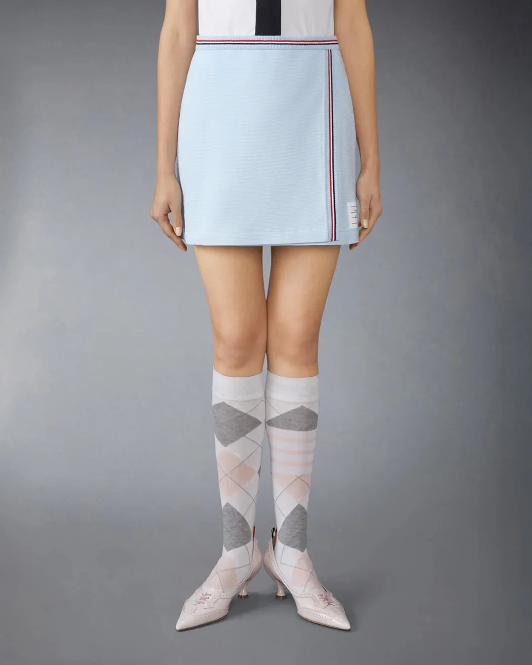 thom browne Cotton Waffle Mini Wrap Skirt light blue front