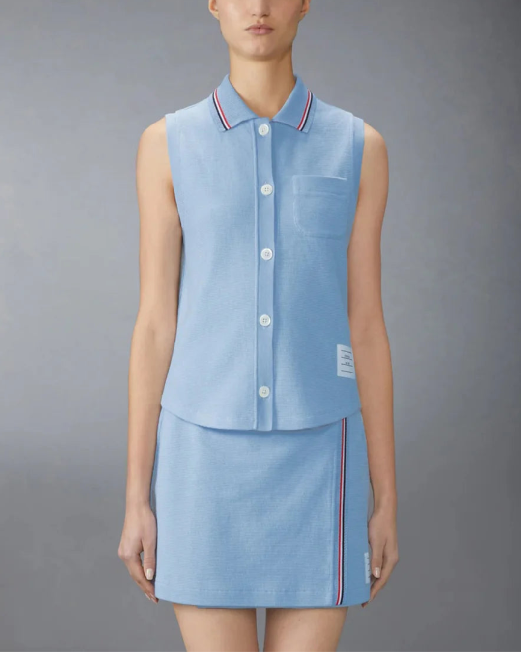 thom browne Cotton Waffle Sleeveless Button Shirt light blue front