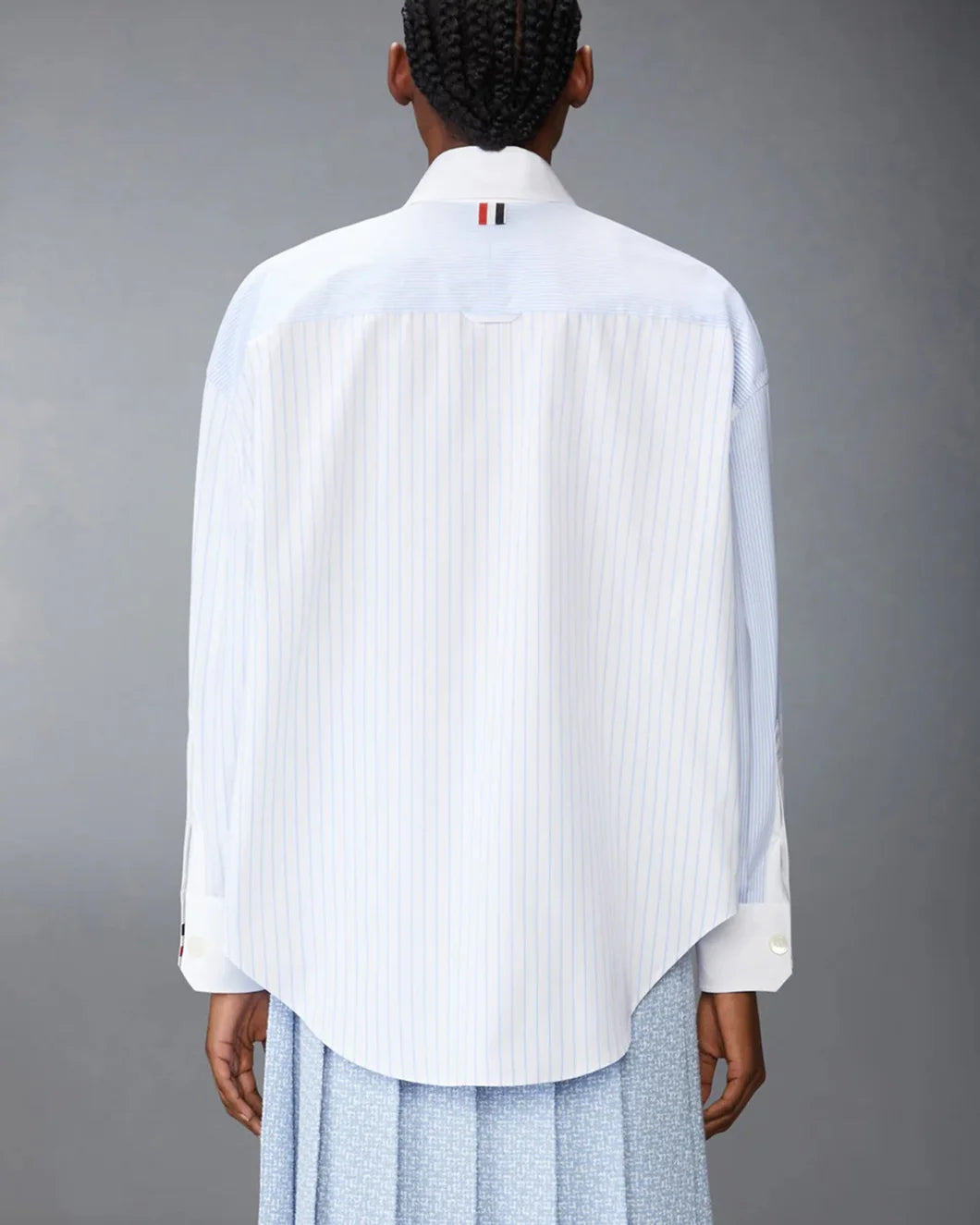 thom browne poplin pinstripe funmix micro university supersized shirt blue back