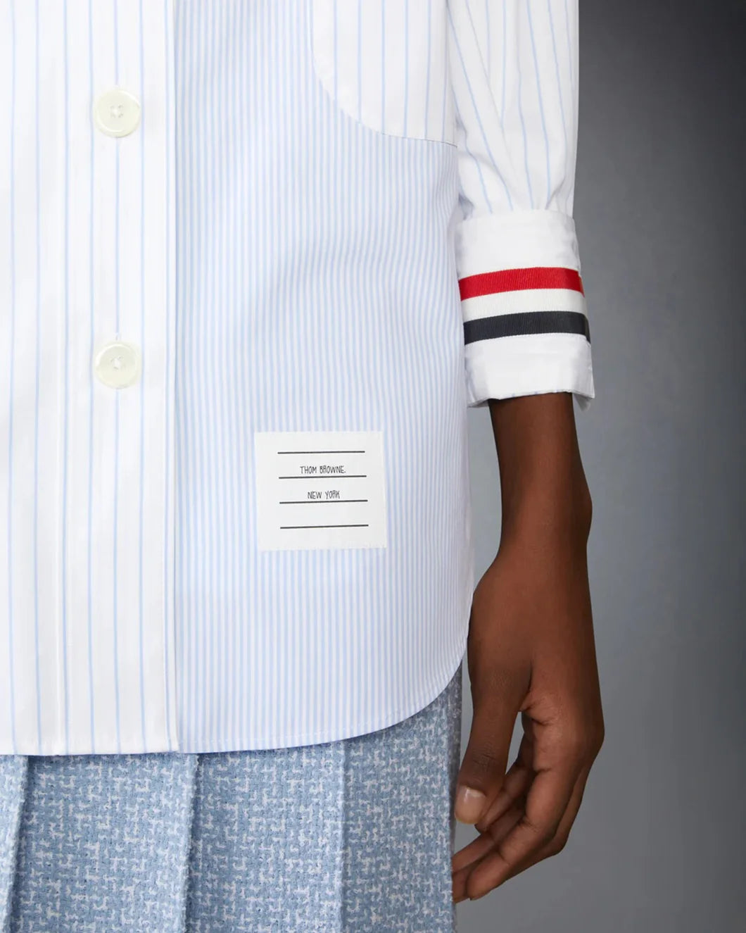 thom browne poplin pinstripe funmix micro university supersized shirt blue front cuff detail