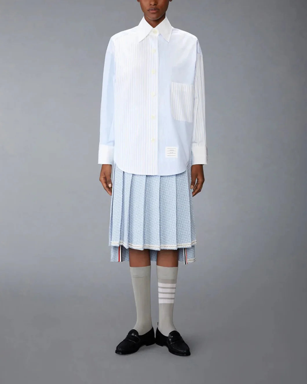 thom browne poplin pinstripe funmix micro university supersized shirt blue front