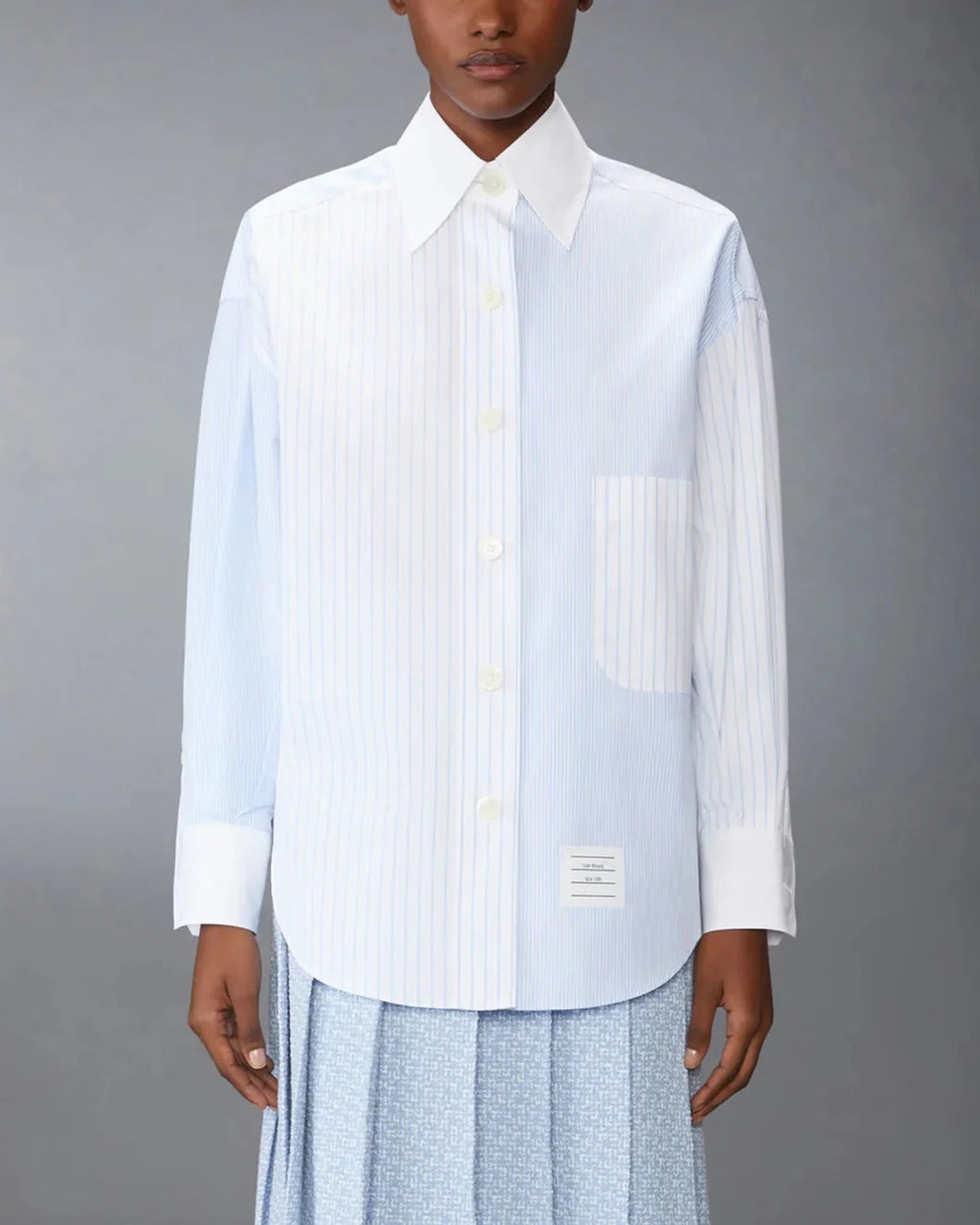 thom browne poplin pinstripe funmix micro university supersized shirt blue front