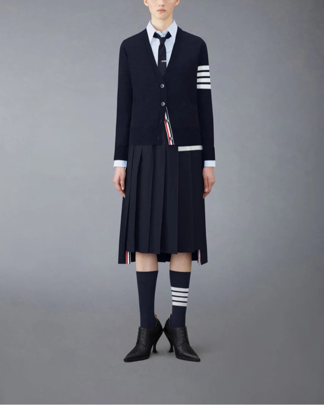thom browne Relaxed Fit V-Neck Cardigan navy on figure front