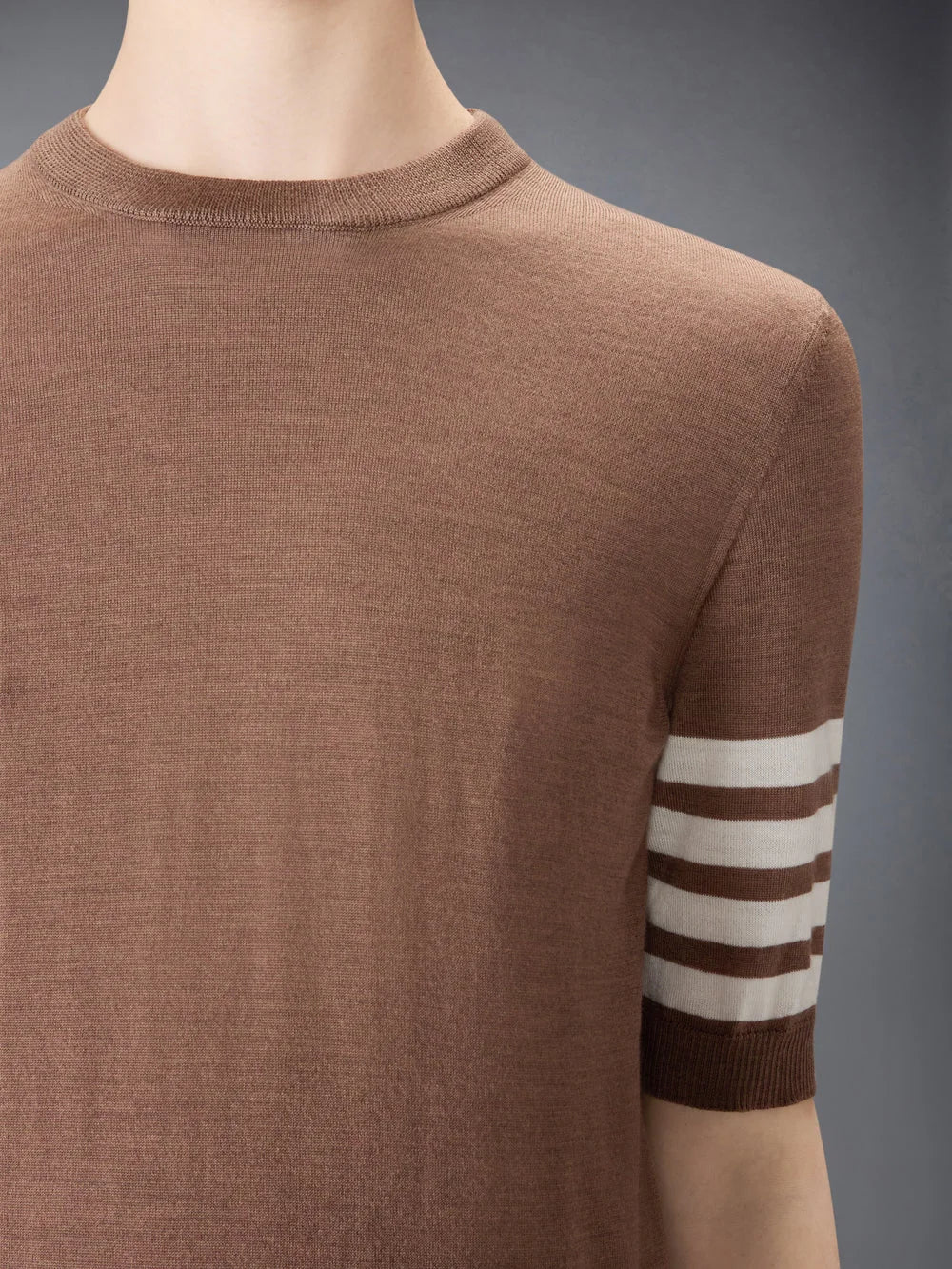 thom browne fine merino wool 4 bar tee walnut on figure front detail