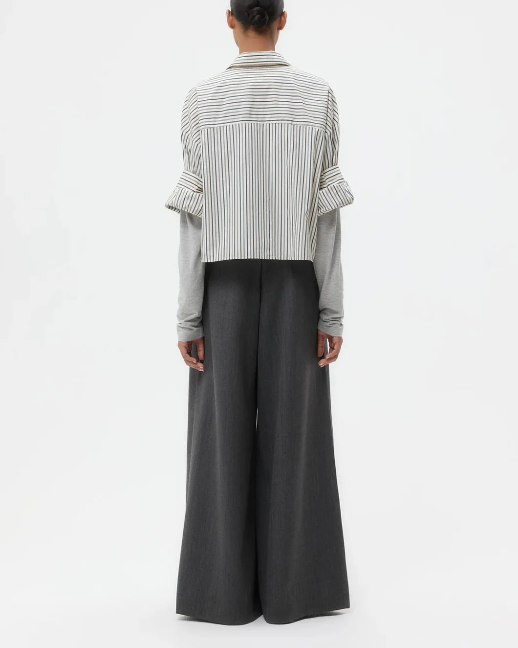 twp next ex button up shirt in ivory and cilantro green stripes on model back view