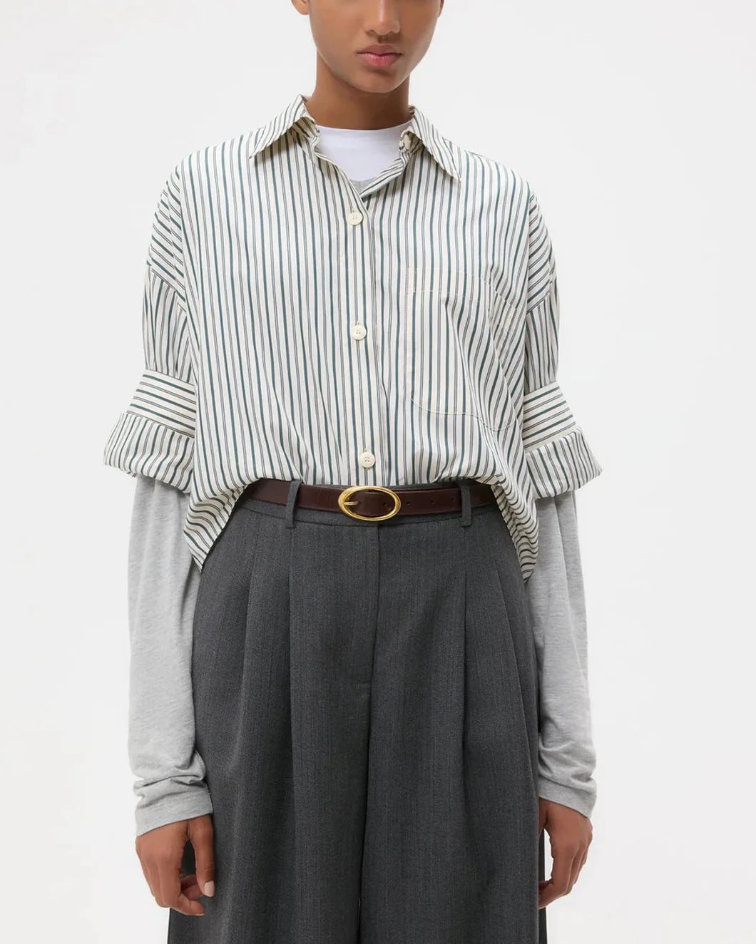 twp next ex button up shirt in ivory and cilantro green stripes on model front view