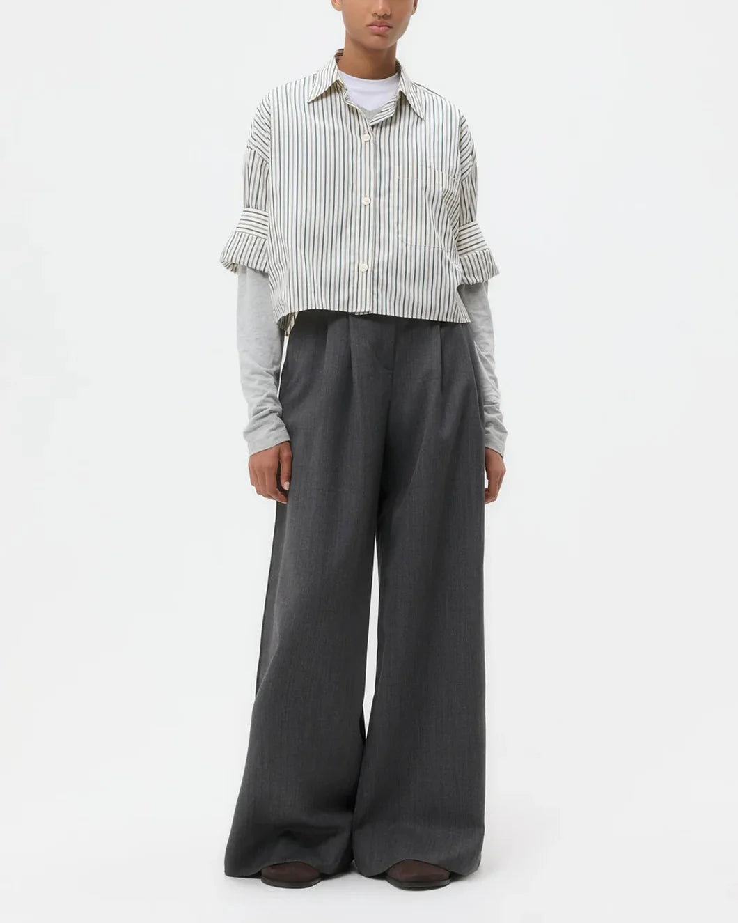 twp next ex button up shirt in ivory and cilantro green stripes on model front full view