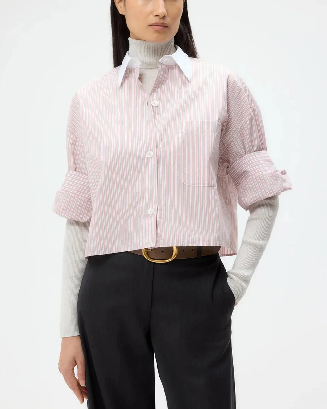 twp next ex shirt in SPANISH VILLA pink and WHITE stripe with contrast solid collar on model front view