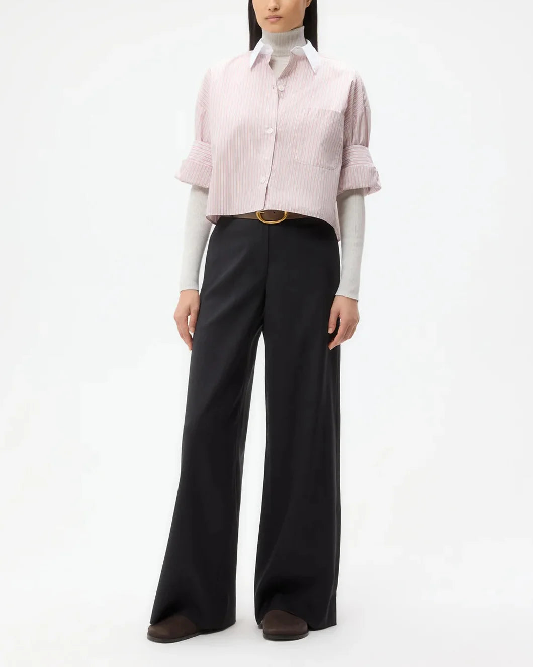 twp next ex shirt in SPANISH VILLA pink and WHITE stripe with contrast solid collar on model full front view styled