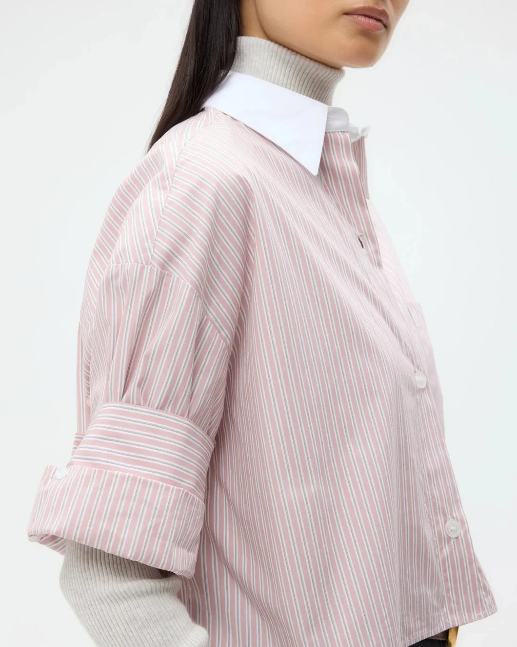 twp next ex shirt in SPANISH VILLA pink and WHITE stripe with contrast solid collar on model side view
