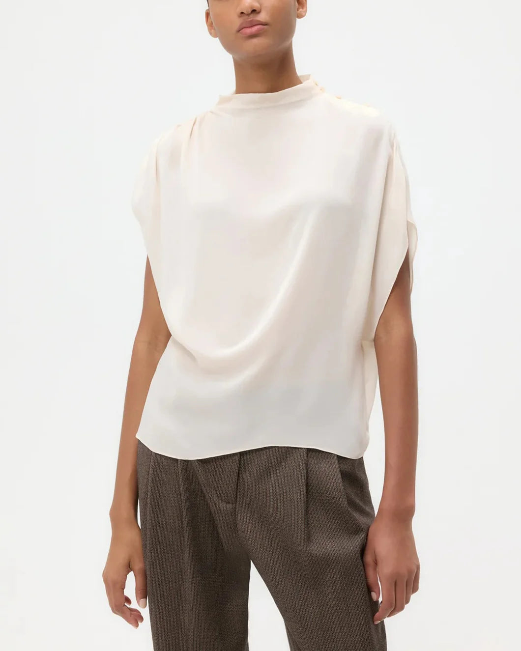 twp Silk Georgette Wish You Would Top in light pink tint on model front detail view