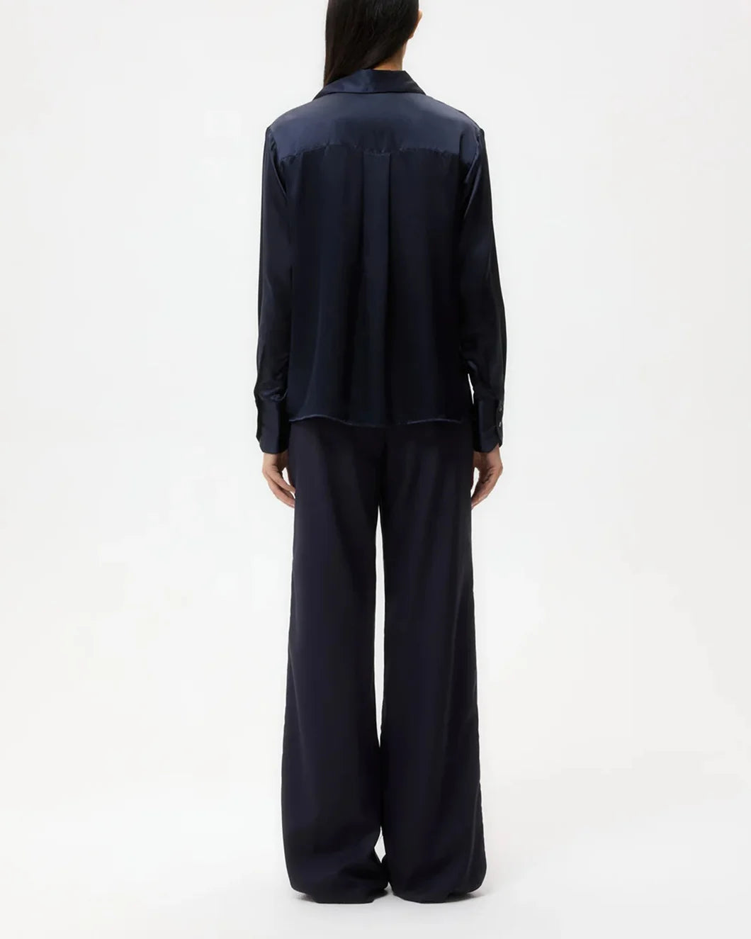 twp midnight navy blue silk joey button down shirt on figure back view