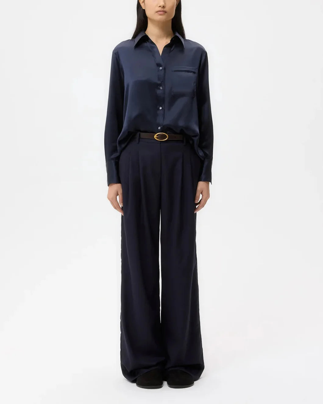 twp midnight navy blue silk joey button down shirt on figure front view full shot