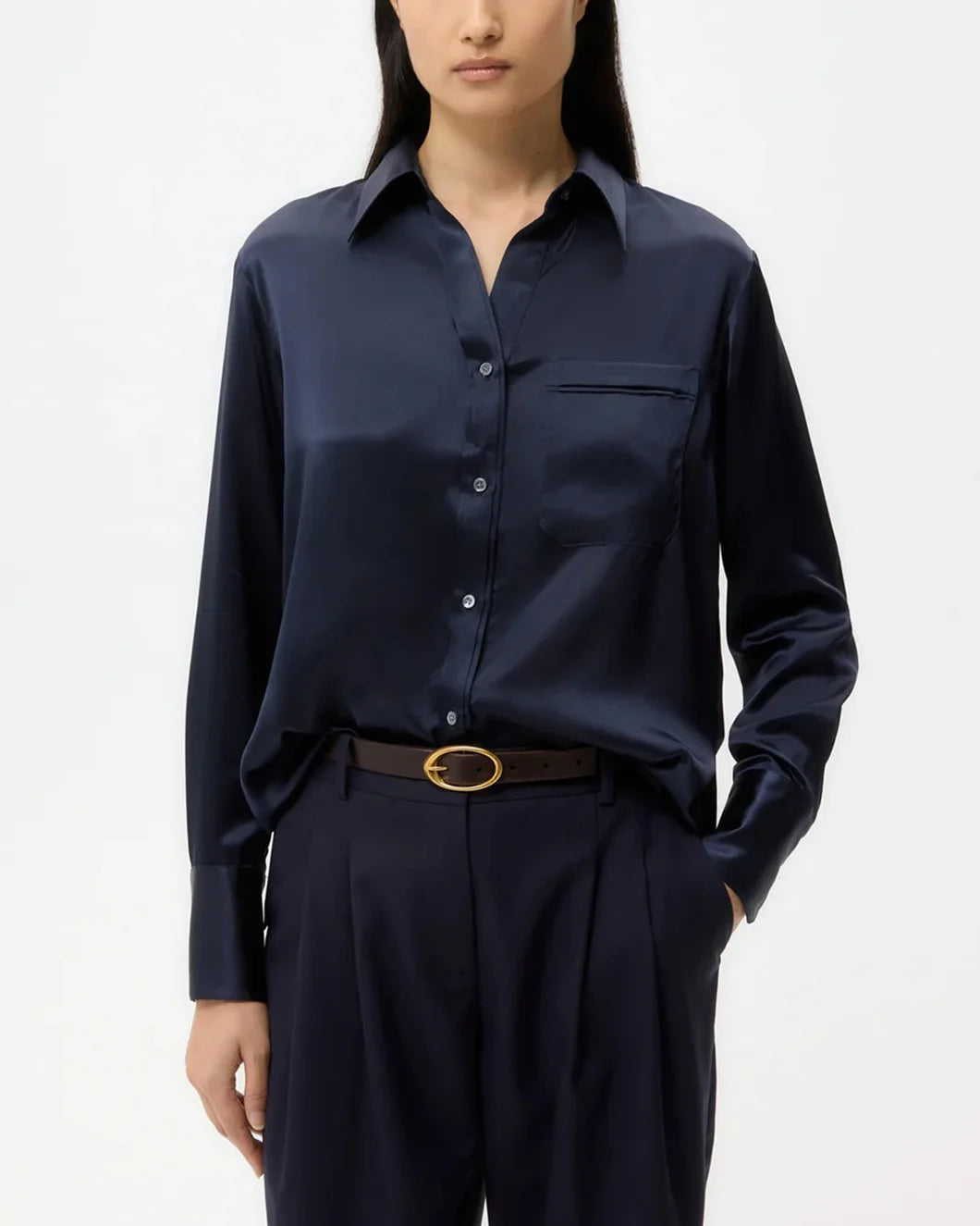 twp midnight navy blue silk joey button down shirt on figure front view