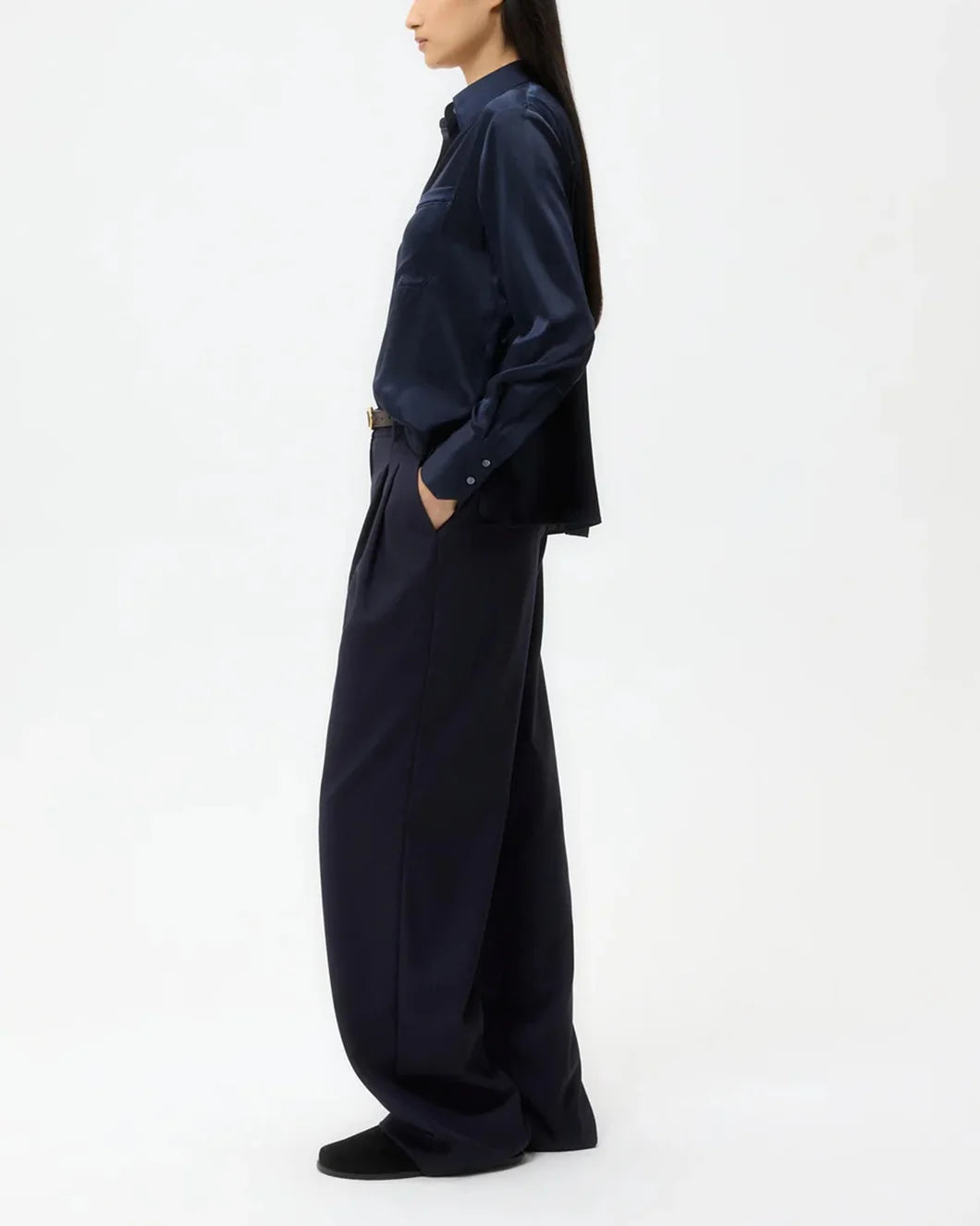 twp midnight navy blue silk joey button down shirt on figure side view