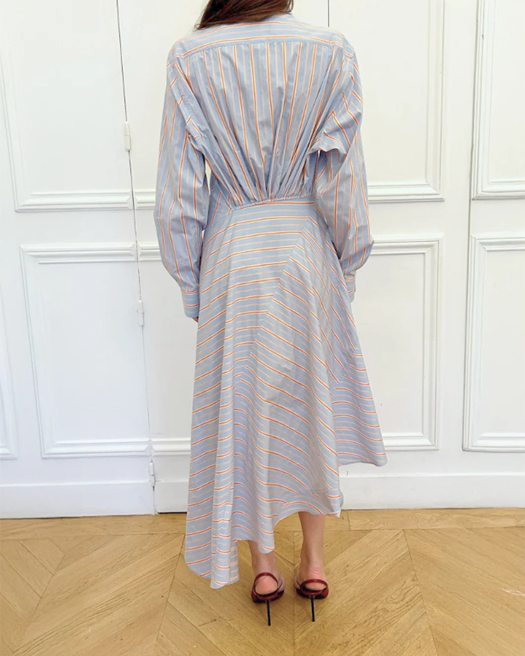 victoria beckham PANELLED SHIRT DRESS delphinium blue and orange stripe bacl