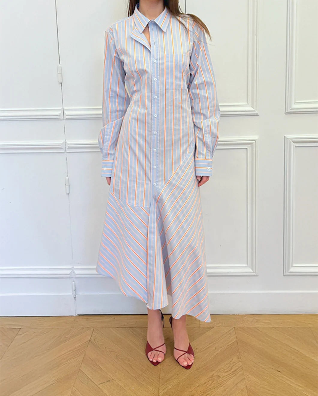 victoria beckham PANELLED SHIRT DRESS delphinium blue and orange stripe front