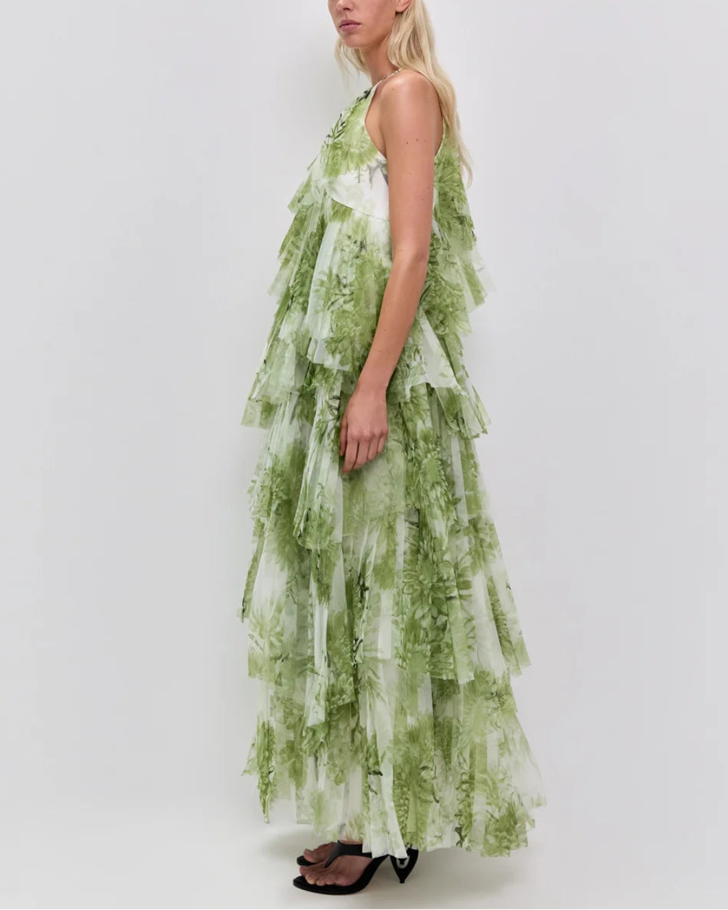 AJE Westlyn gown Olive Native Floral on figure side
