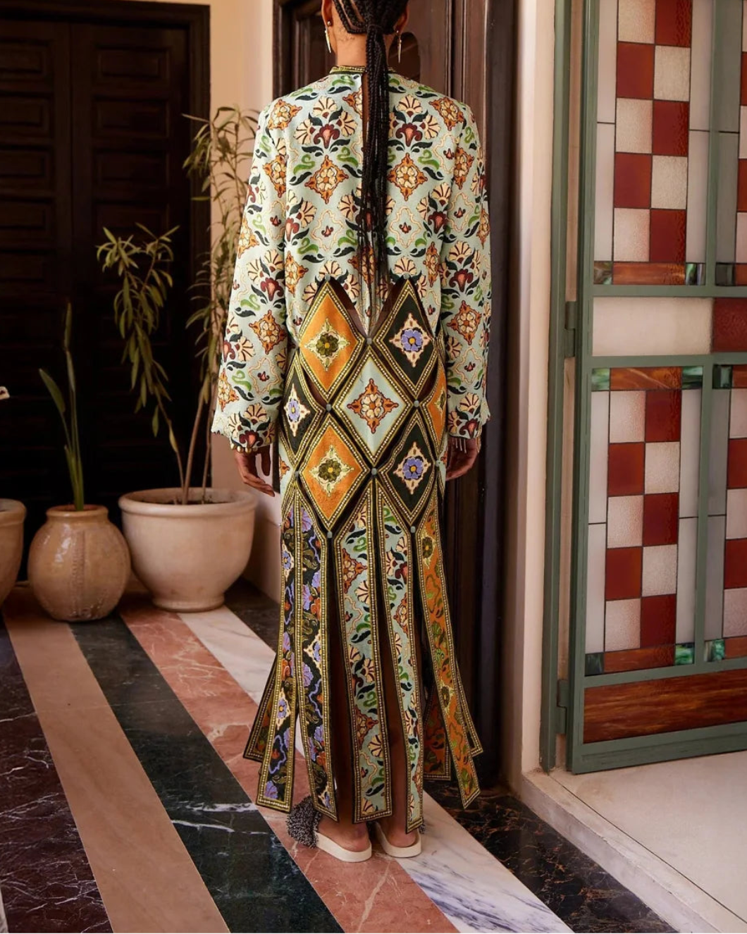 ALEMAIS cece spliced midi dress green on figure back