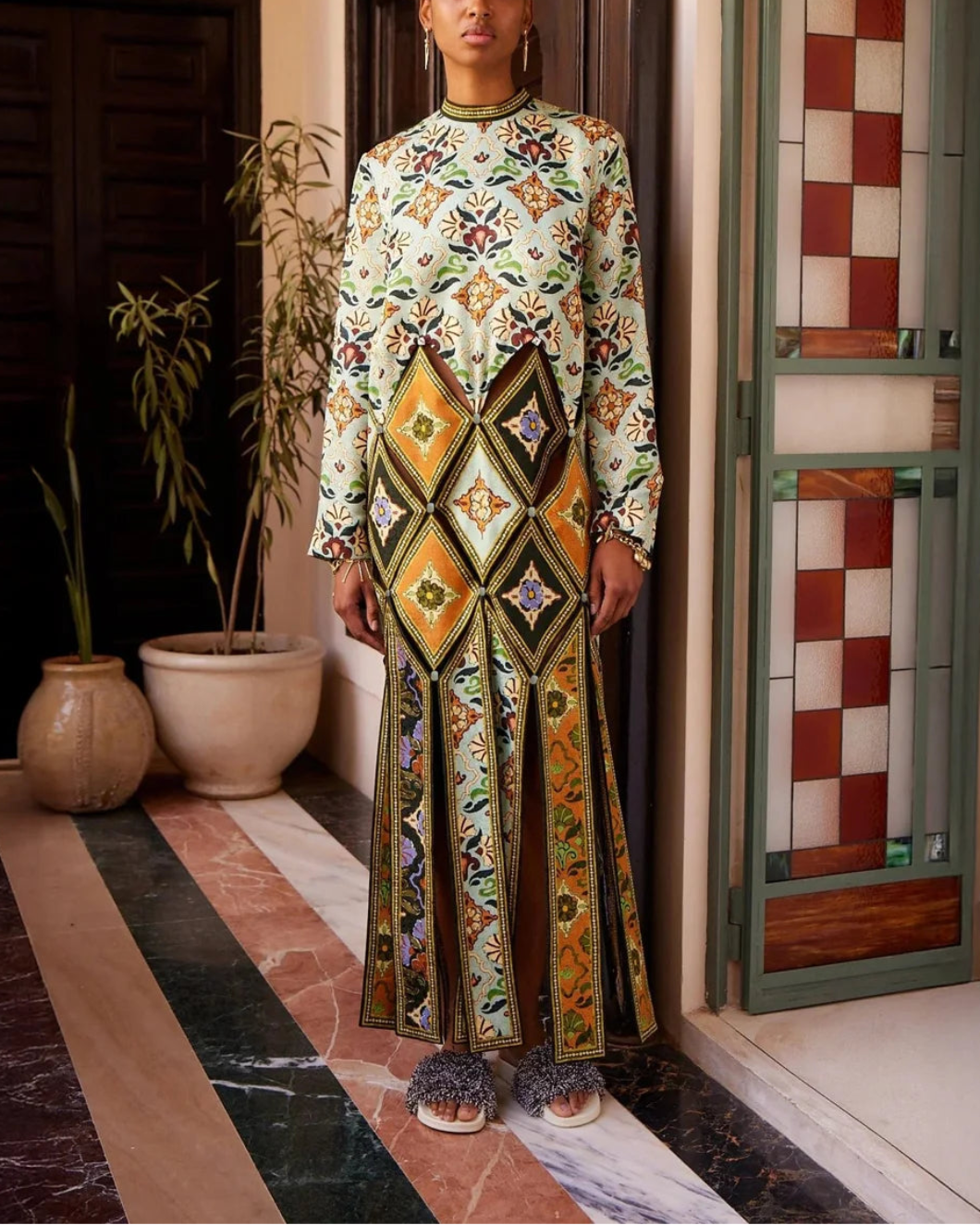 ALEMAIS cece spliced midi dress green on figure front