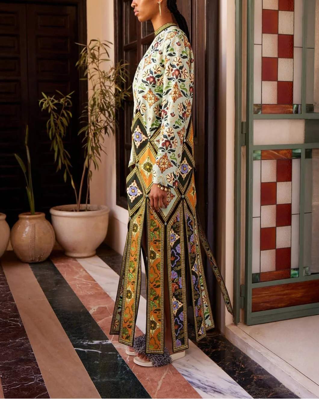 ALEMAIS cece spliced midi dress green on figure side