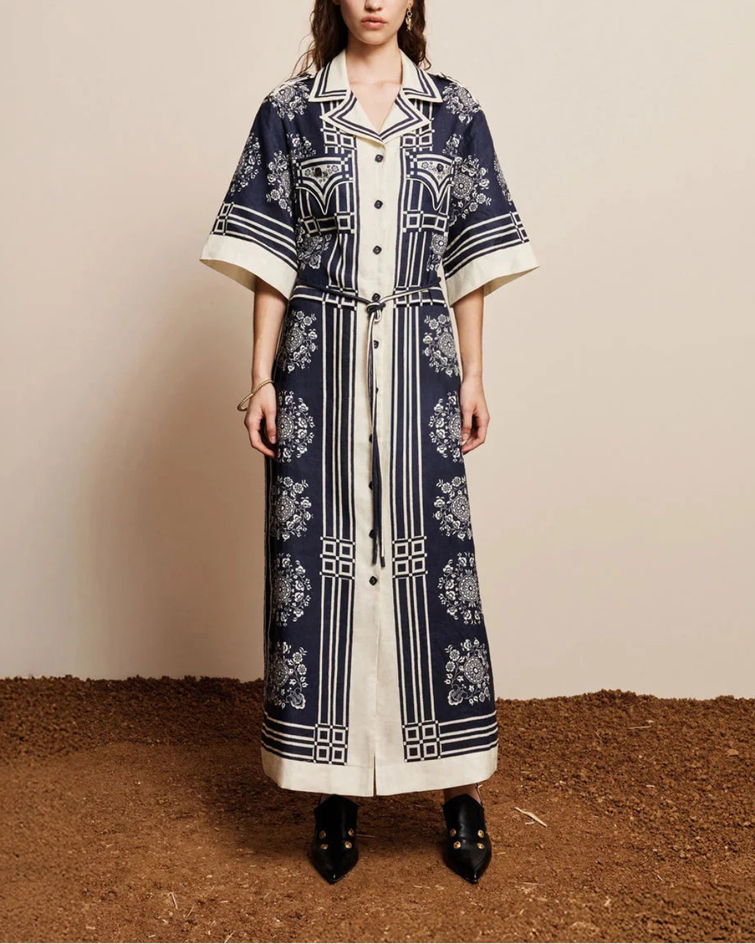 ALEMAIS Banderra Linen Shirtdress on figure front
