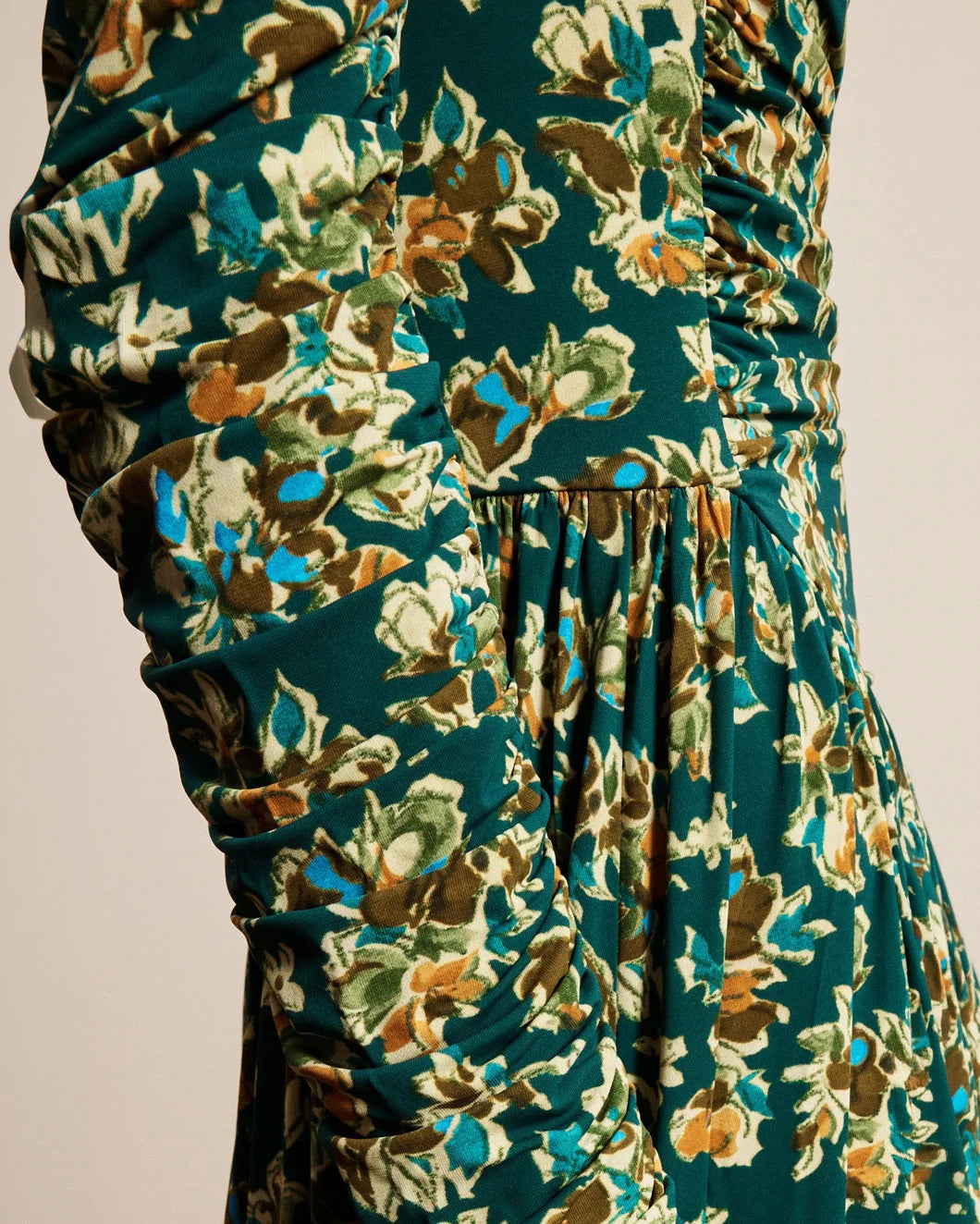ALEMAIS Clem Ruched Midi Dress on figure side detail