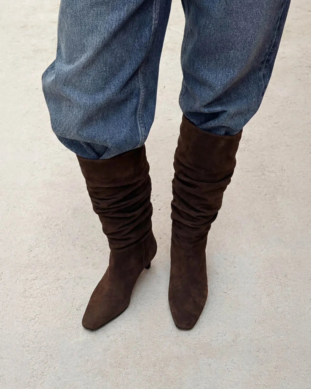 ALOHAS Kalila suede brown leather boot on figure front