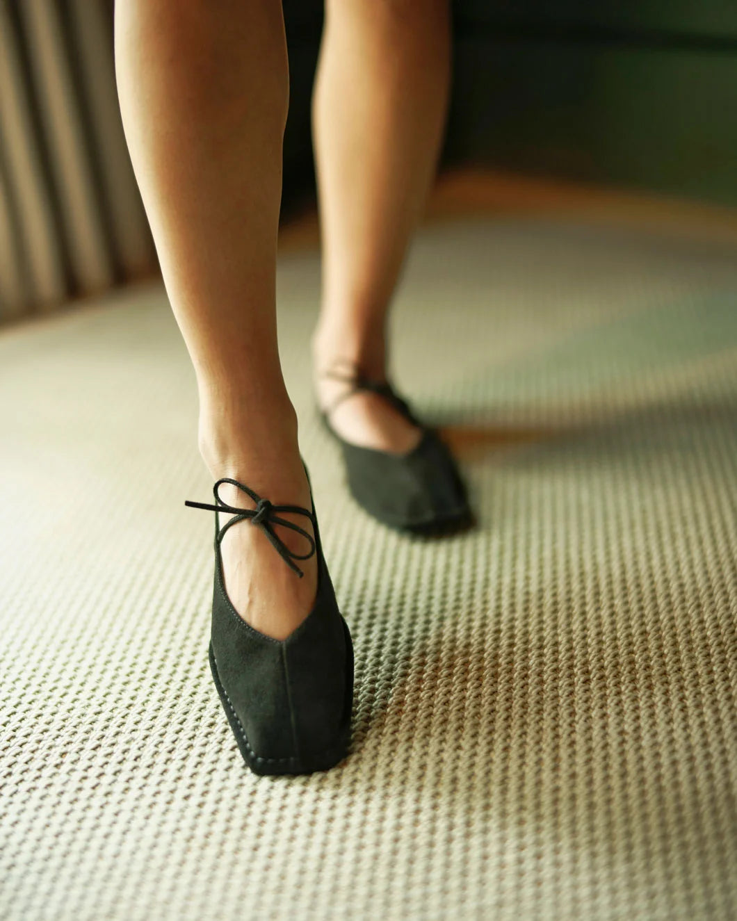 ALOHAS Sway Suede Coffee Brown Leather Ballet Flats on figure front